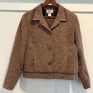 Vintage Pendleton Wool Jacket Womens 14 Brown Leather Trim Tweed Blazer Coat